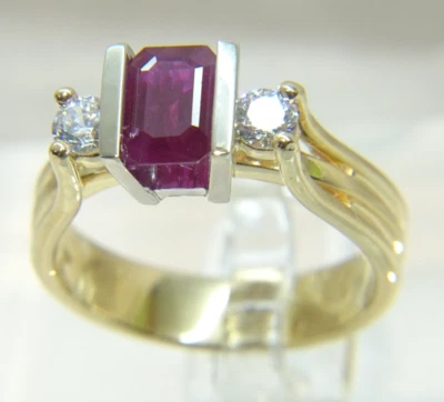 Beautiful 2 Tone 14 K Gold 1 Ct Emerald Cut Ruby sz 7 Extended Setting Ring - Image 1 of 4