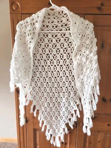 Vintage White Cream Beige Crochet Shawl Wrap Handmade Boho Pretty  - Picture 1 of 4