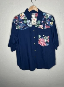 Vintage Tap & Co Button Up Shirt Top Blouse Blue Floral Large New With Tags USA - Picture 1 of 7
