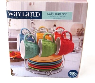 NUEVO EN CAJA WAYLAND CUADRADO 13 PIEZAS CERÁMICA COLORIDO JUEGO DE TAZAS DIARIAS con ESTANTE DE METAL Foto 1 de 4