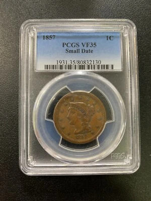 1857 BRAIDED HAIR LARGE CENT PCGS VF-35 - SMALL DATE - LAST YEAR - CERTIFIED -1C - Image 1 of 2
