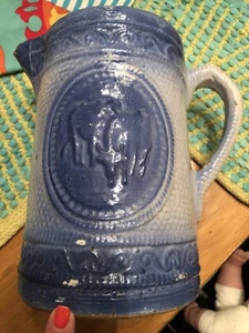 Vtg Stoneware Salt Glaze Blue White Cows Grazing Milk Water Pitcher Farmhouse - Picture 1 of 5