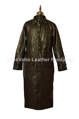 Vintage Herren Schwarzer Duster Echtleder Langer Trenchcoat Jacke - Bild 1 von 4