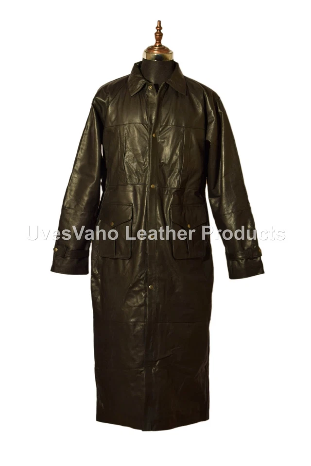Manteau Trench Long En Cuir Véritable Noir Pour Homme Vintage - Photo 1/4