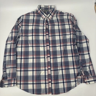 Express Shirt Mens Large Blue Gray Plaid Modern Fit Button Front Long Sleeve - Image 1 of 4