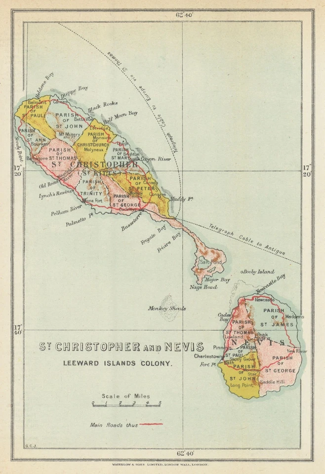 Mapa de San Cristóbal (Kitts) y Nieves, Islas de Sotavento por Waterlow 1919 Foto 1 de 1