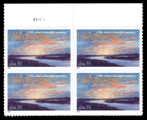 US Scott # 4121, Oklahoma Statehood 100th, Plate Block of 4 2007 39¢ Stamps, MNH - Picture 1 of 1