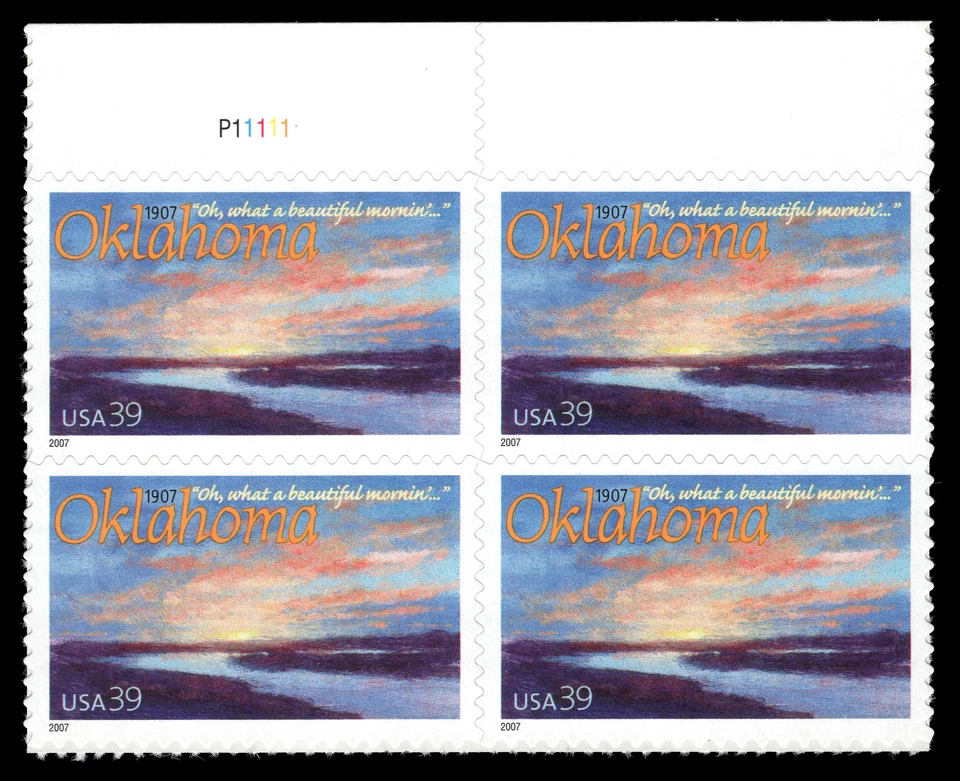 US Scott # 4121, Oklahoma Statehood 100th, Plate Block of 4 2007 39¢ Stamps, MNH - Image 1 of 1