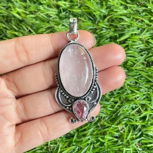 Rose Quartz With Kunzite Gemstone 925 Sterling Silver Jewelry Wedding Pendant - Picture 1 of 16