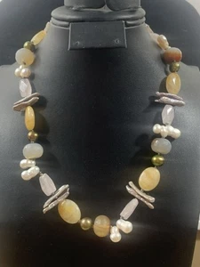 Peacock Freshwater Keshi Biwa Pearl Necklace With Quartz And Agate Gemstones A2 - Picture 1 of 11