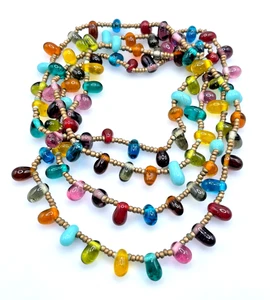 VTG Tear Drop multi-color Art glass bead necklace jellybeans Long! 42" - Picture 1 of 5