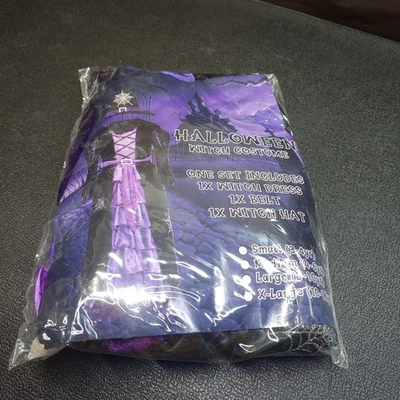 Disfraz de bruja negra y morada para niñas talla mediana (4-6) con sombrero, cinturón y escoba Foto 1 de 4