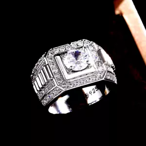 14k White Gold Over Men's Engagement Band Ring Round Cut Lab Created Diamond 3Ct - Picture 1 of 1