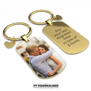 Personalisierter Schlüsselanhänger individuell Ihr Foto Gravur Keyring Ihr Text Hochzeit Geschenk - Bild 1 von 14