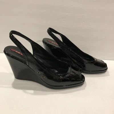 Sandalias de cuña Prada Sport con punta abierta negras 38,5/8,5 Foto 1 de 4