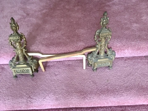 ANTIQUE Cast Brass Ornate Andirons Cover