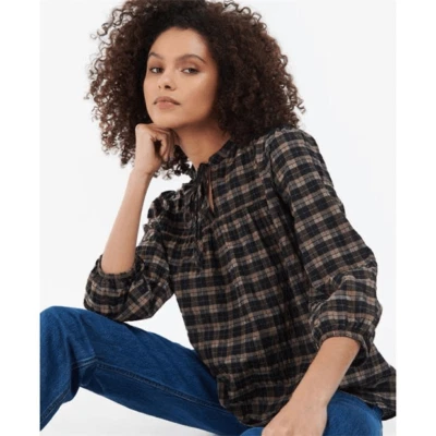 Barbour Plaid Tunic Top US 6 Seersucker Brown Black V-Neck 3/4 Puff Sleeves - Image 1 of 4