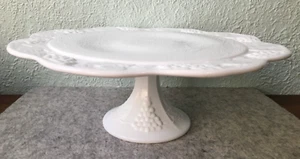 Vintage Colony Harvest Grapes & Leaves Large Cake Stand Pure White Milk Glass - Picture 1 of 9