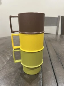 Tupperware Coffee Mugs Cups Set of 3 Autumn Brown Orange Avocado 1312 Vintage - Picture 1 of 9