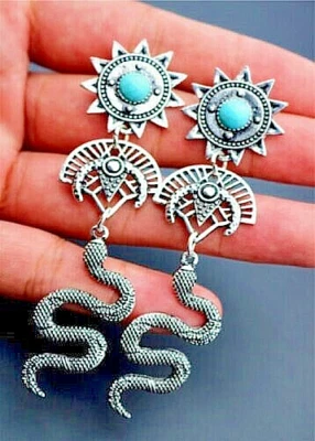 Betsey Johnson Azteca Sol Serpiente Plata Gota Pendientes Colgantes Bolsa de Regalo Gratis Foto 1 de 4