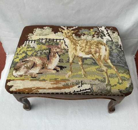 Antique Small Needlepoint Carved Wood Footstool, Cabriole Legs, 15.5”x12”x10” Cover