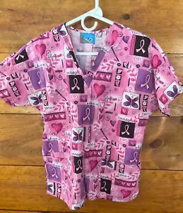 Scrub HQ Breast Cancer Awareness Love Hearts Flowers Ribbons Care XS Scrub Top - Picture 1 of 5