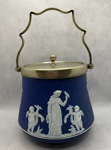 Antiguo barril de galletas de jaspe azul oscuro de madera de cuña - Imagen 1 de 8