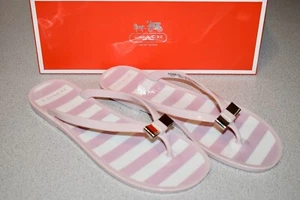 Coach Landon Pink White Stripe Jelly Bow Size 9 Thong Flip Flops Sandals NIB HS5 - Picture 1 of 8