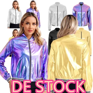 DE!Damen Glänzend Jacke Langarm Bomberjacke Zipper Sweatjacke Freizeitjacke - Bild 1 von 52