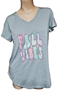 XL- Blue Groovy 'FALL VIBES' Flowers Smiley Face Graphic Print Autumn Shirt 44" - Picture 1 of 4