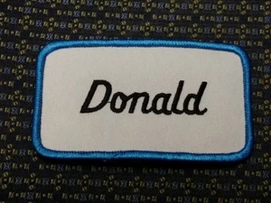 DONALD NAME TAG BLUE AND WHITE Iron or Sew-On Patch  - Picture 1 of 2