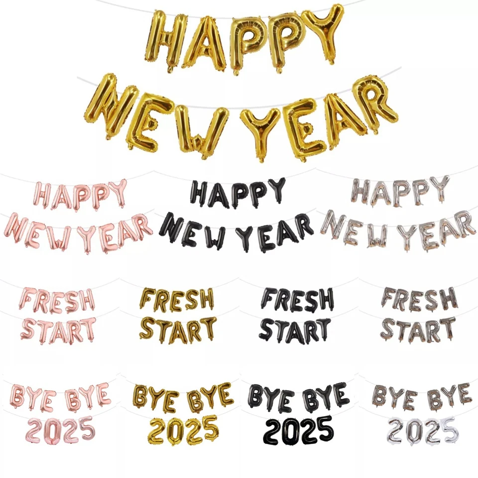 PANNU DESIGNS New Year Balloons 2026 16" Hanging Bunting Banner Gold Black Year Eve Party UK