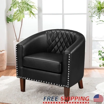 Modern Faux Leather Barrel Chair W/ Nailhead Trim Comfortable Accent Armchair US - Image 1 of 4