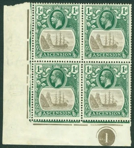 SG 11c Ascensión 1924. Bloque marginal esquina 1d gris-negro y azul profundo-verde... - Imagen 1 de 1