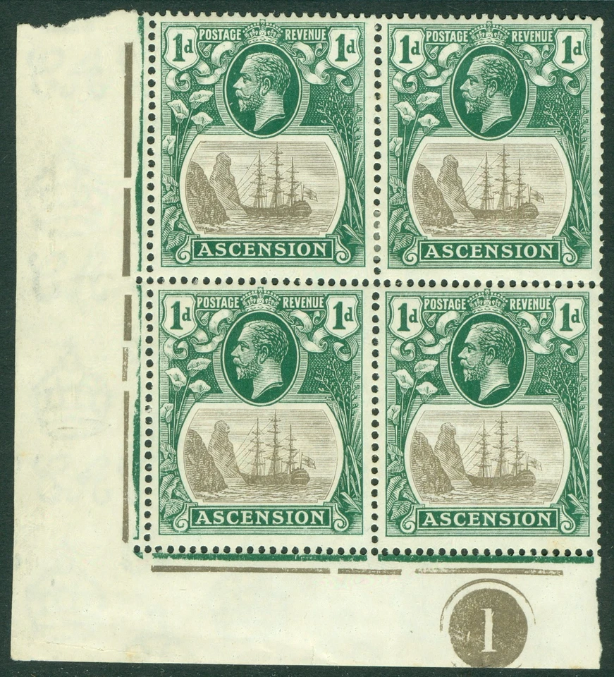 SG 11c Ascension 1924. 1d серо-черный и глубокий сине-зеленый угловой краевой блок... - Изображение 1 из 1
