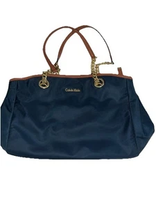 Calvin Klein Nylon Tote Purse - Shoulder Bag - Navy w/ Gold Chain - Picture 1 of 11