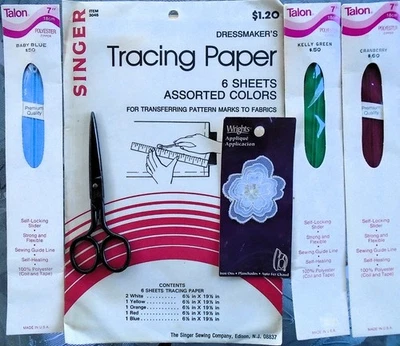 Лот товаров для винтажного шитья молнии, ножницы, аппликация, бумага для трассировки Singer - Изображение 1 из 2