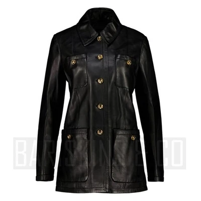 Женская черная кожаная военная куртка, золотая кнопка из натуральной овчины шикарное пальто - Изображение 1 из 4