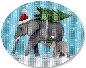 Needlepoint Handpainted Christmas CBK Elephants Bringing Tree 5x4 - Picture 1 of 4