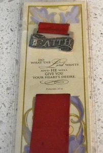 Pewter Bookmark FAITH Words of Wisdom PSALMS 37:4 Red Ribbon Design Russ Berrie - Imagen 1 de 3