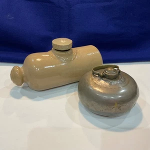 2 Stück Vintage Warmwasser Bettwärmer Steinzeug Flasche, Messing mit Griff - Bild 1 von 8