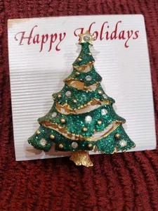 Weihnachtsbaum Anstecknadel Brosche grün Glitzer goldfarben Strass Vintage Urlaub - Bild 1 von 8
