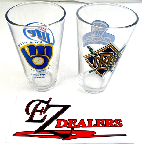 Milwaukee Brewers (1) Mitt Logo 78-93 (1) BAT Logo Miller Lite Pint Beer Glass Cover