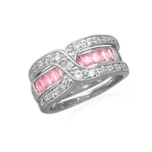 Anillo Banda Circonita Cúbica Rosa y Transparente con Protector Rodio en Plata de Ley, 6 - Imagen 1 de 1