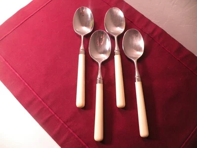 Set Of 4 Oval Soup Spoons Stanley Roberts SPECTRUM Ivory Stainless 7 5/8" - Image 1 of 4