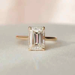 2.00Ct Emerald Cut Moissanite Hidden Halo Engagement Ring 14K Yellow Gold Plated - Picture 1 of 5