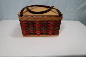 Vintage Wicker Sewing Basket Wooden Lid Multi Color Storage Yarn Weave - Picture 1 of 10