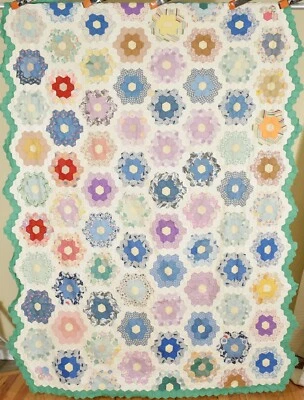 GORGEOUS Vintage 30s Grandmother's Flower Garden Antique Quilt Top, Green Border - Image 1 of 4