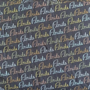 Florida Script Fabric - Black with Neon Pastel Text - 100% Cotton - Picture 1 of 2