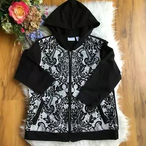 Zenergy by Chicos Hoodie-Jacke schwarz Baumwolle Blumendruck Spitze durchgehender Reißverschluss Damen 1 - Bild 1 von 5